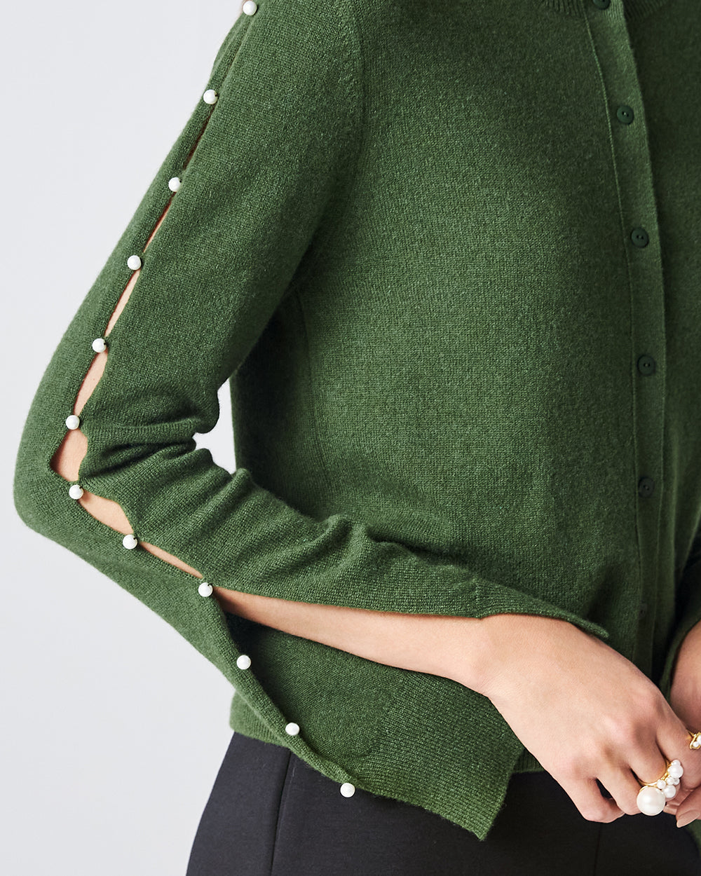 Forest Green Dew Drop Cashmere Cardigan: additional content image block 2