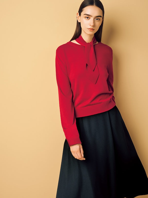 Model is wearing a red top and a black skirt.