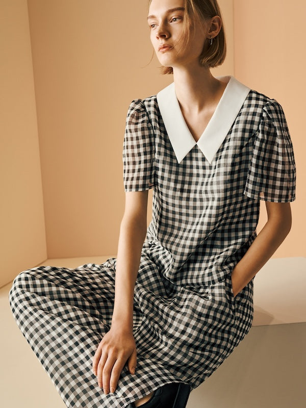 Model is wearing a black and white gingham dress with a white collar.